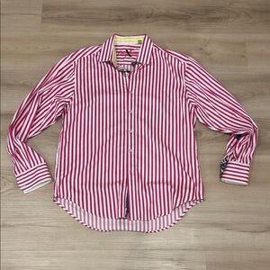 Men’s Large Robert Graham Pink and White Striped Button Down Shirt w/flip cuffs
